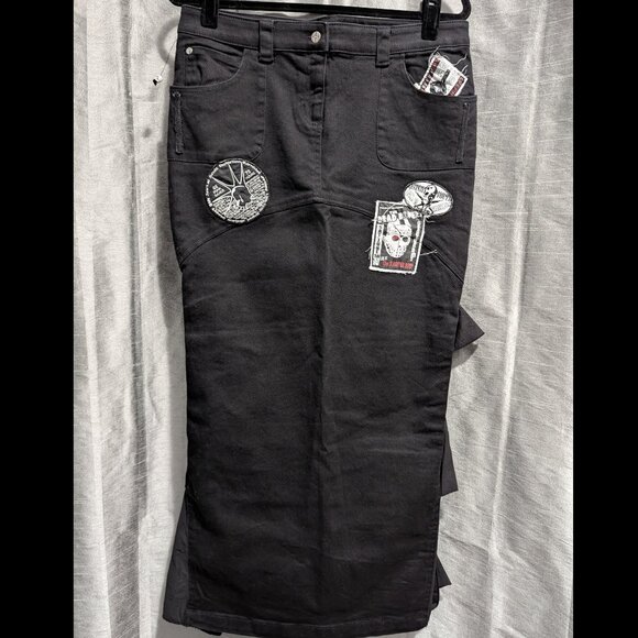 Vintage Lip Service Ruffle Denim Maxi Patch Skirt Black Large - Picture 5 of 14